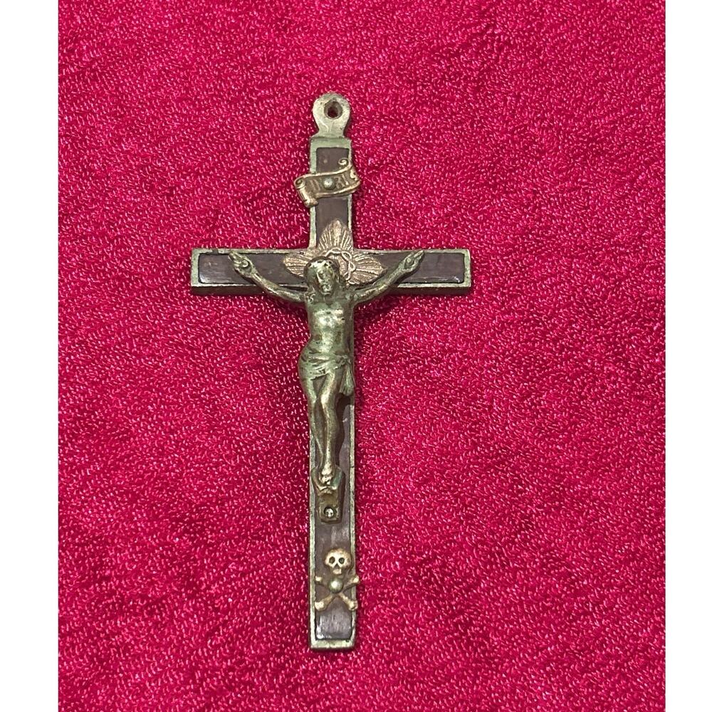 Antique 4" Catholic Pectoral Cross Memento Mori Skull / Sacred Heart c1880-1920